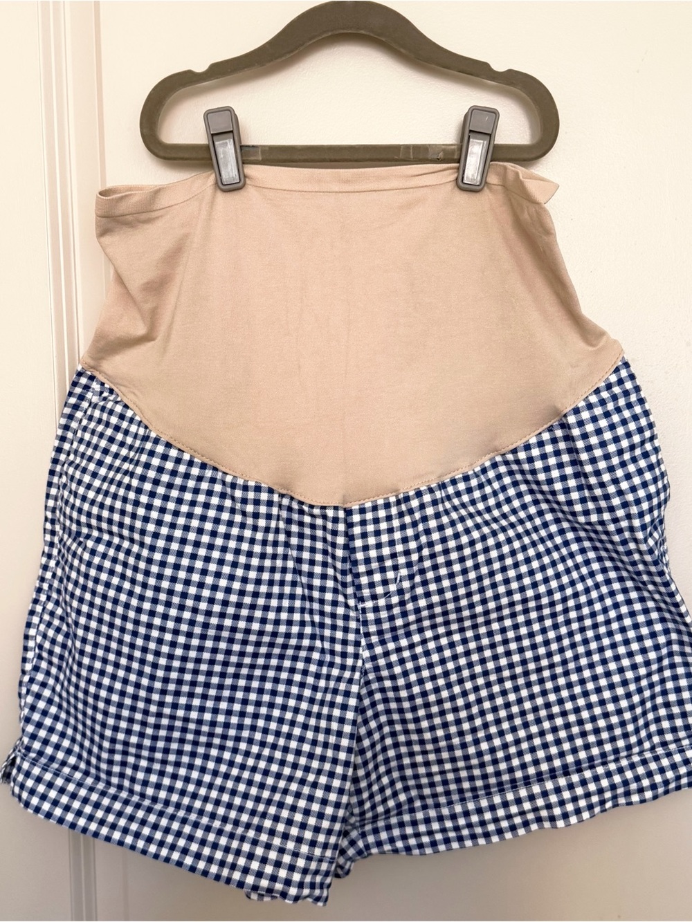 Beige & Navy Gingham Maternity Shorts Size 12